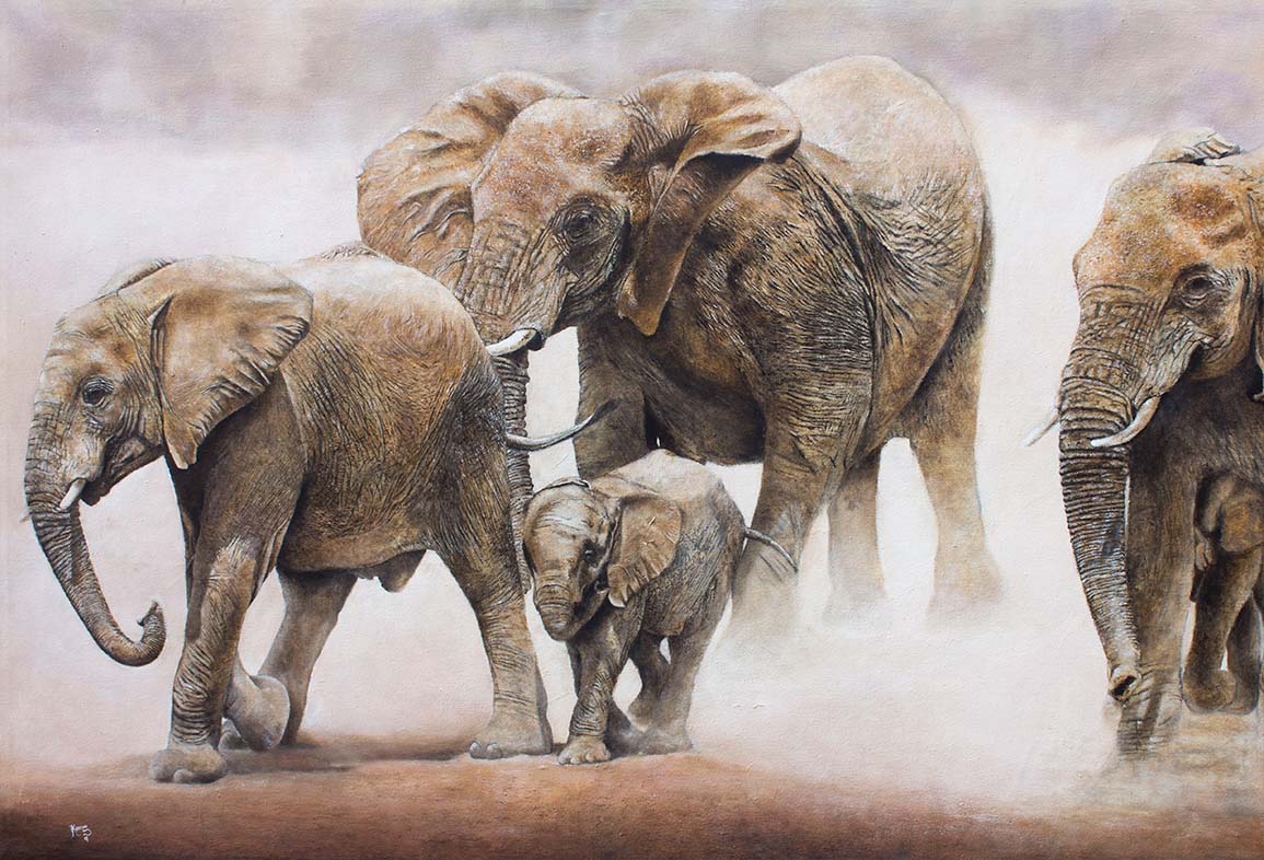 Herd of African elephants in the plains of Amboseli National Park